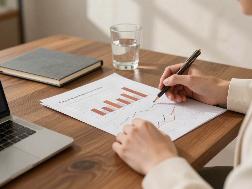 A detailed business review with printed analytics, a notebook and a consultant’s hand pointing out insights